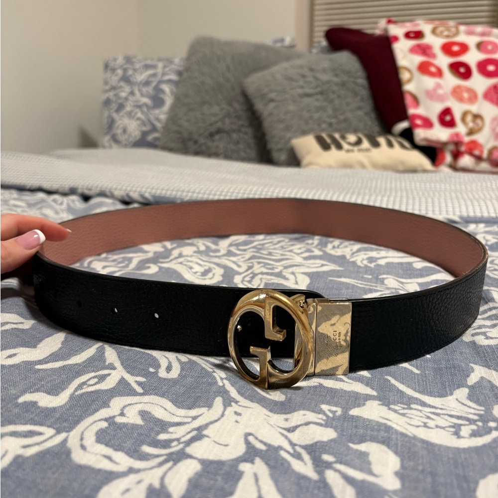Gucci Black and Pink Belt with Gold Buckle